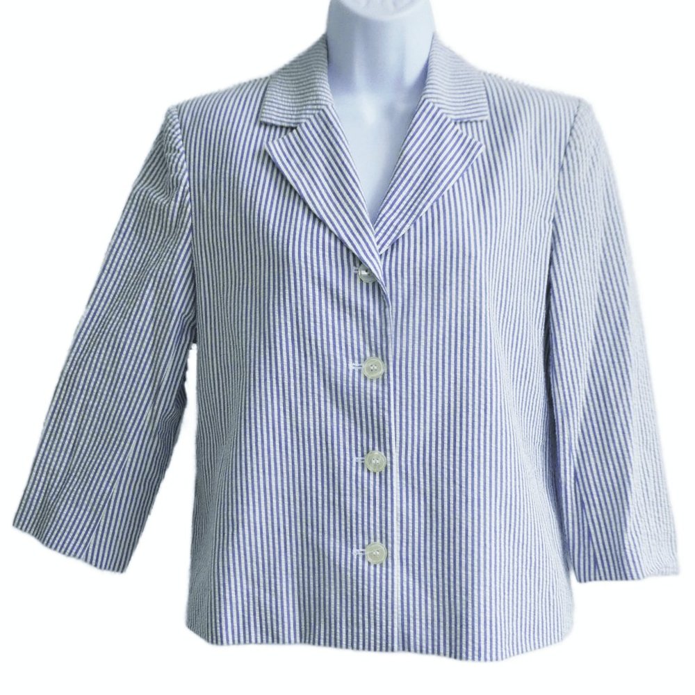 Vintage Brooks Brother Seersucker Blue Ivory Stripe Cotton Blazer Lined USA 8 - Picture 3 of 9